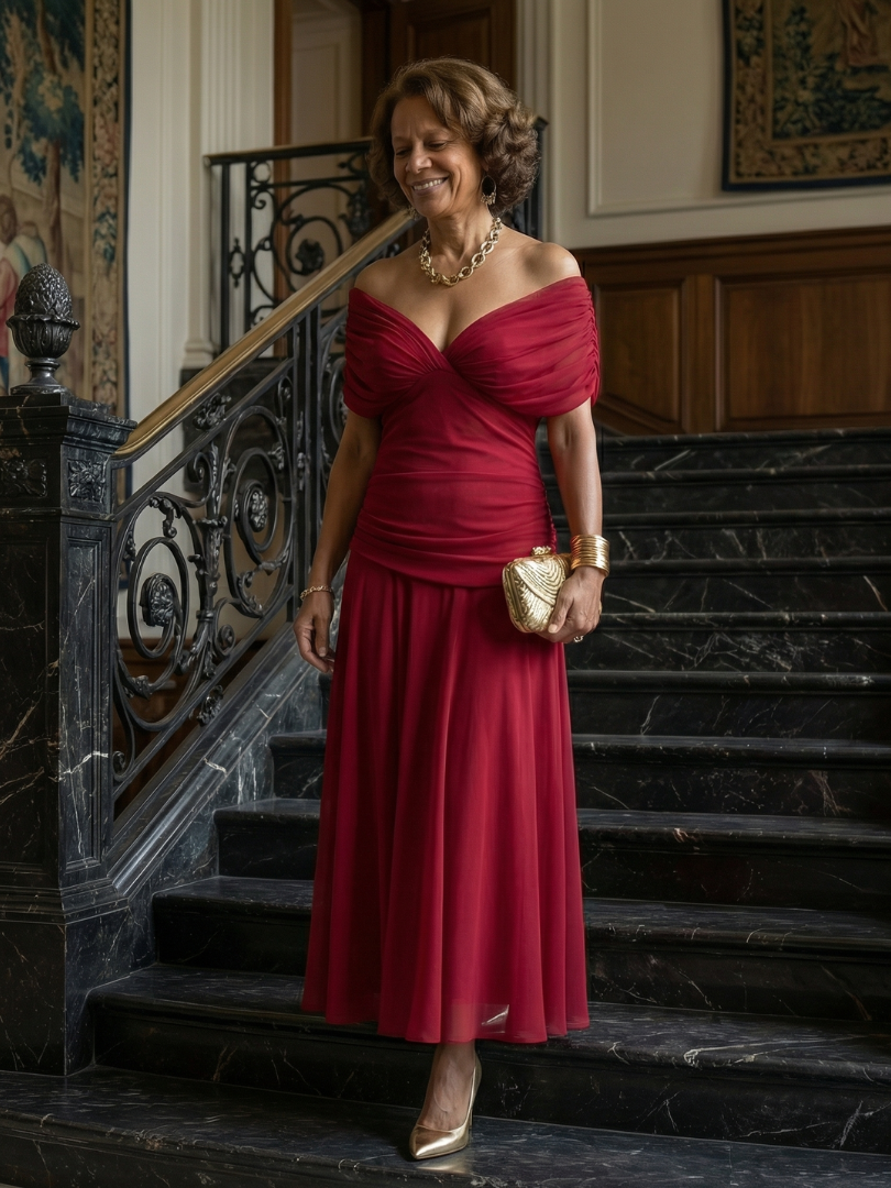 Woman wearing a purple watercolor floral mesh maxi dress with draped crossover neckline and ruched waist - view 19