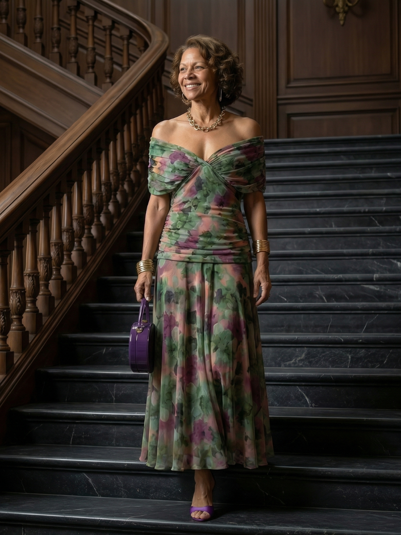 Woman wearing a purple watercolor floral mesh maxi dress with draped crossover neckline and ruched waist - view 20