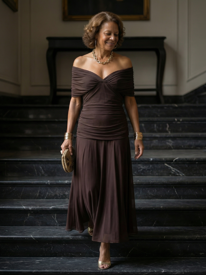 Woman wearing a purple watercolor floral mesh maxi dress with draped crossover neckline and ruched waist - view 21