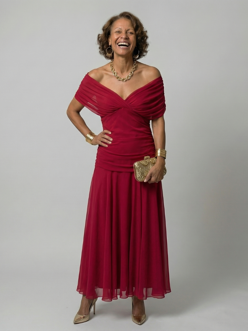 Woman wearing a purple watercolor floral mesh maxi dress with draped crossover neckline and ruched waist - view 9