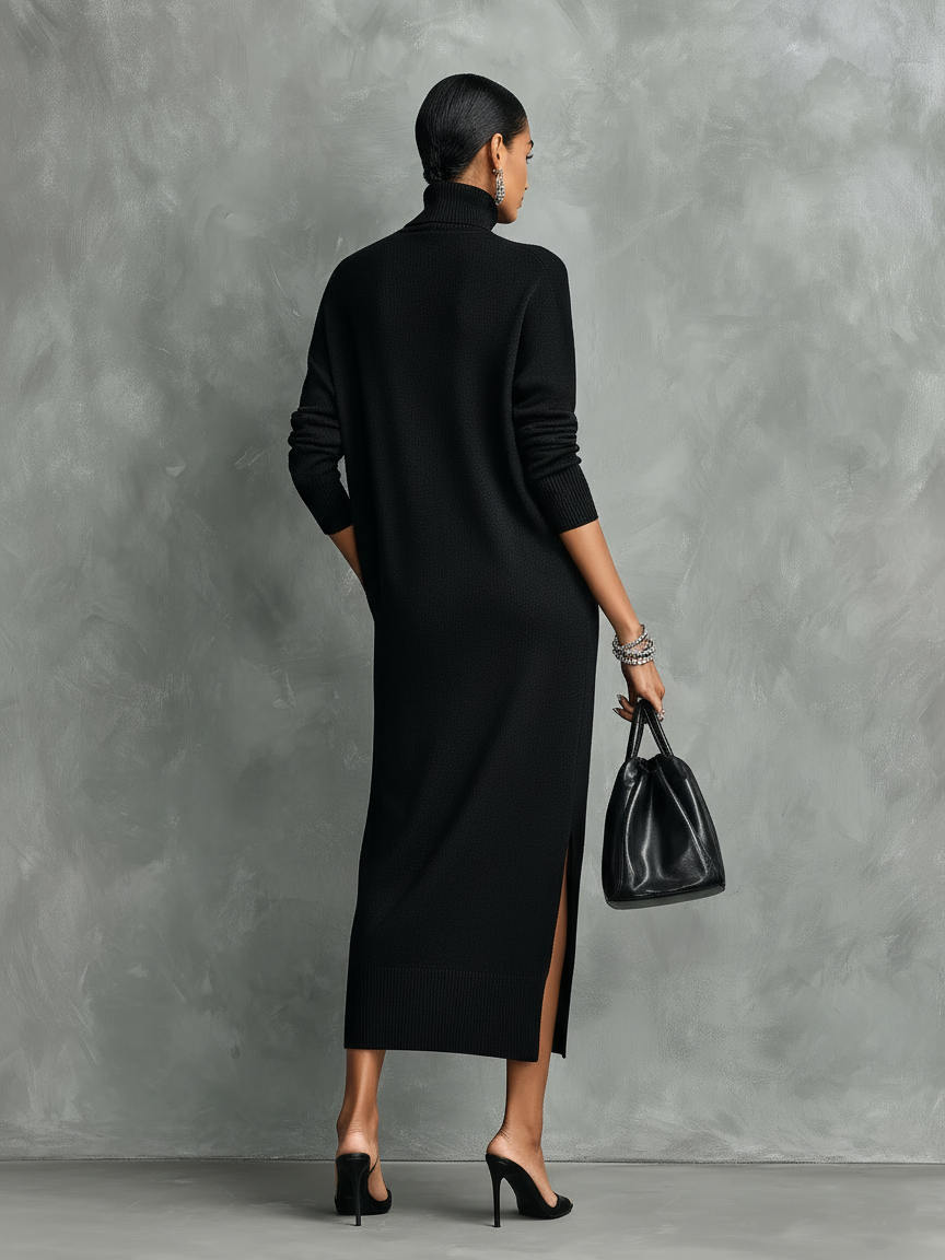 Woman wearing a relaxed turtleneck midi sweater dress with long sleeves - view 2