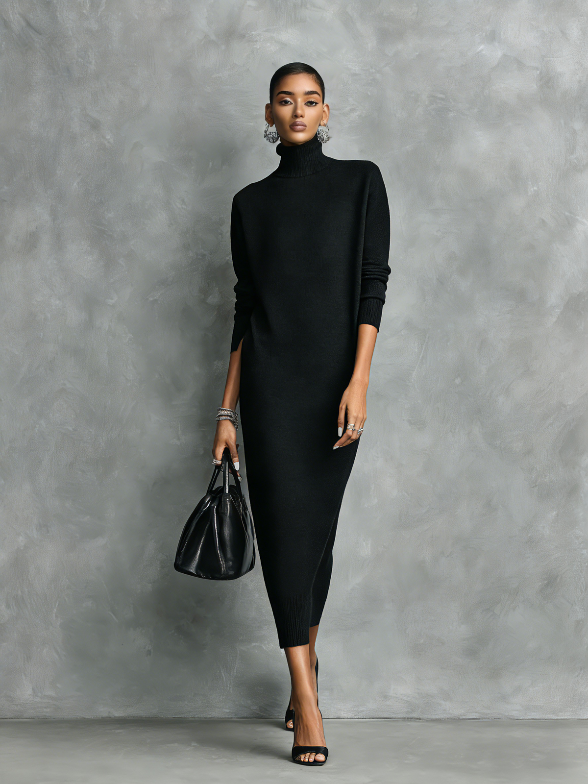 Woman wearing a relaxed turtleneck midi sweater dress with long sleeves - view 5