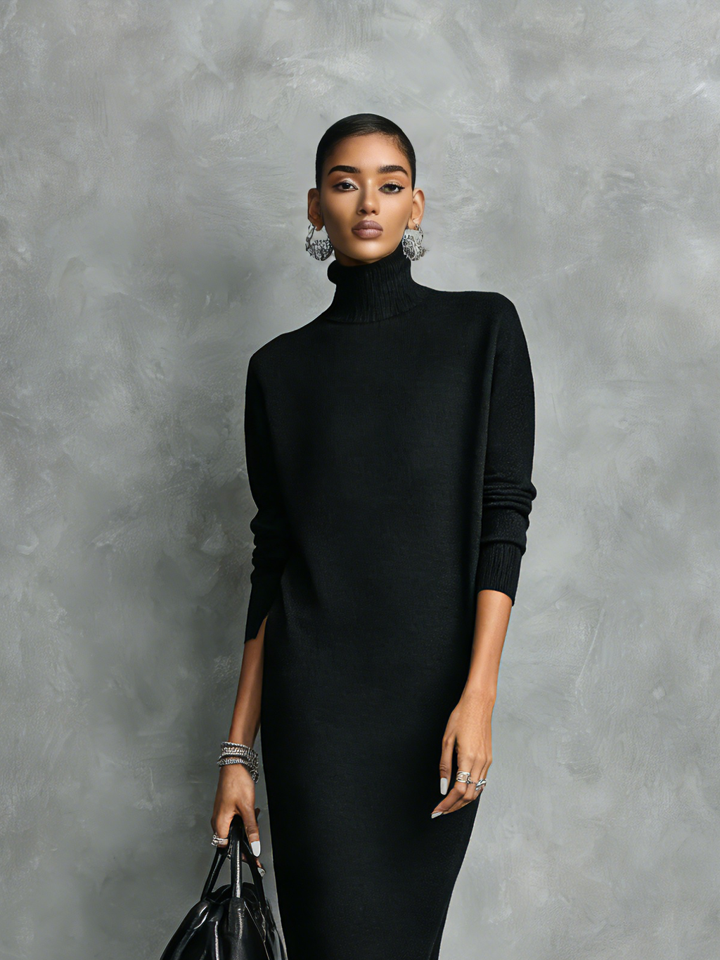 Woman wearing a relaxed turtleneck midi sweater dress with long sleeves - view 6