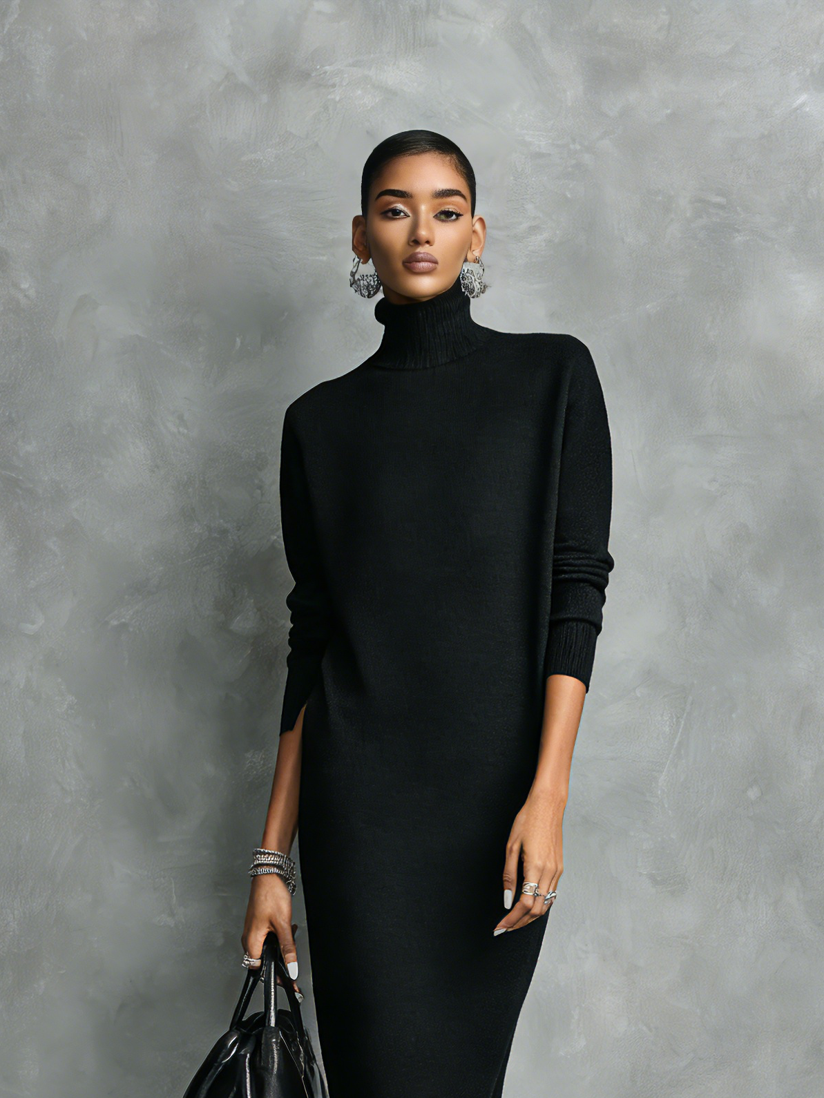 Woman wearing a relaxed turtleneck midi sweater dress with long sleeves - view 6