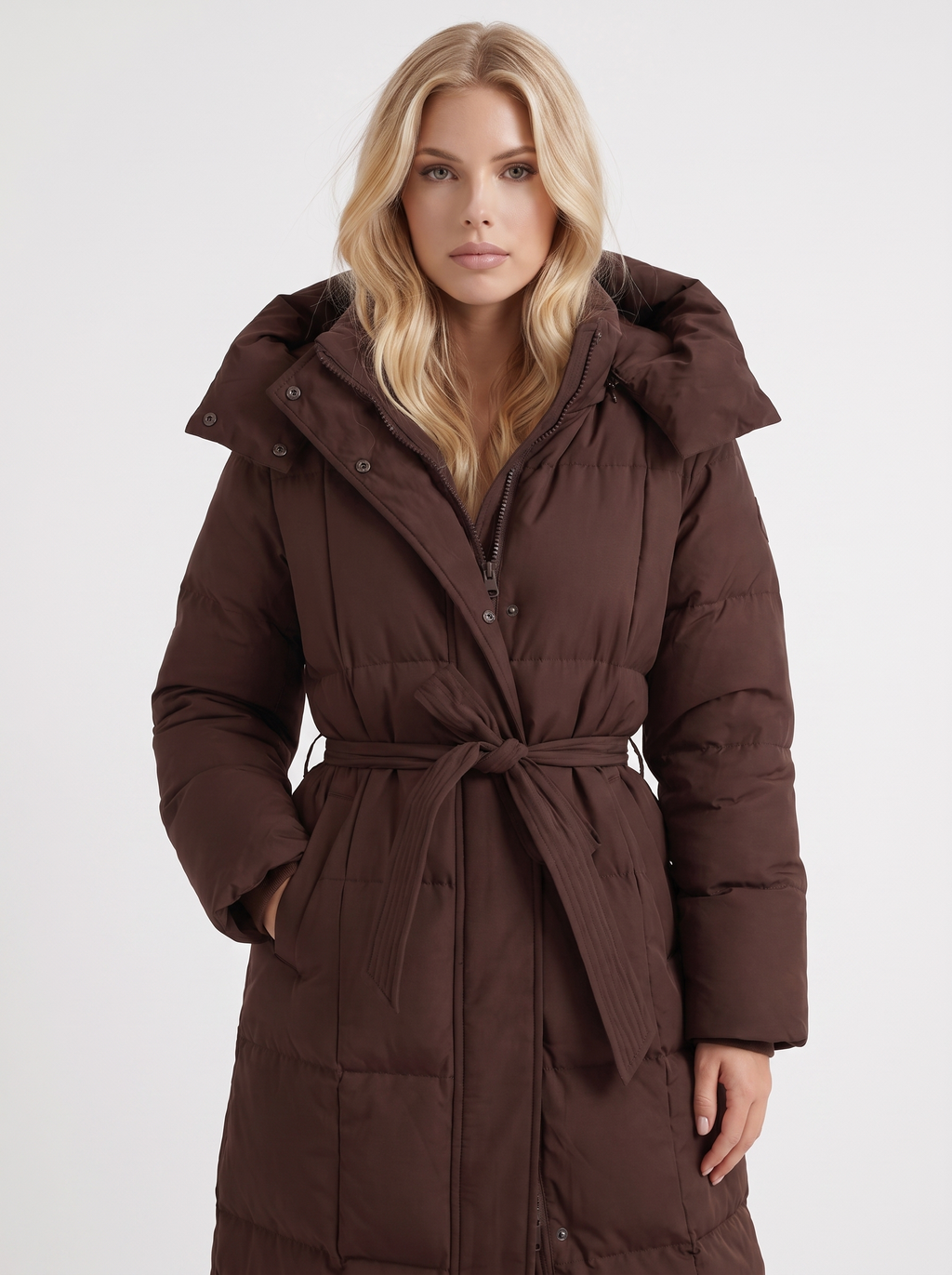Woman wearing a long hooded quilted puffer jacket with tie belt - view 8