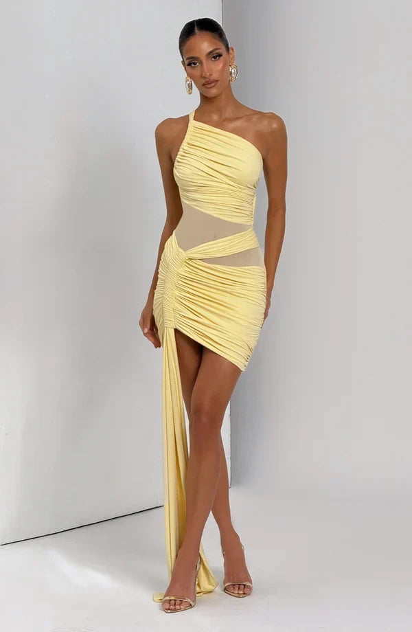 Green ruched bodycon mini dress with one shoulder, mesh waist panel and side drape - view 10