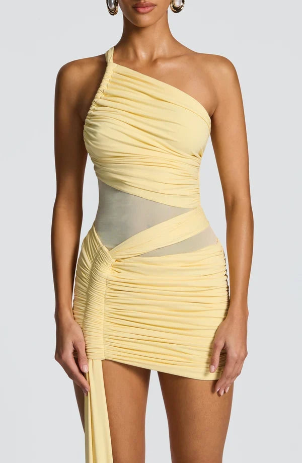 Green ruched bodycon mini dress with one shoulder, mesh waist panel and side drape - view 14
