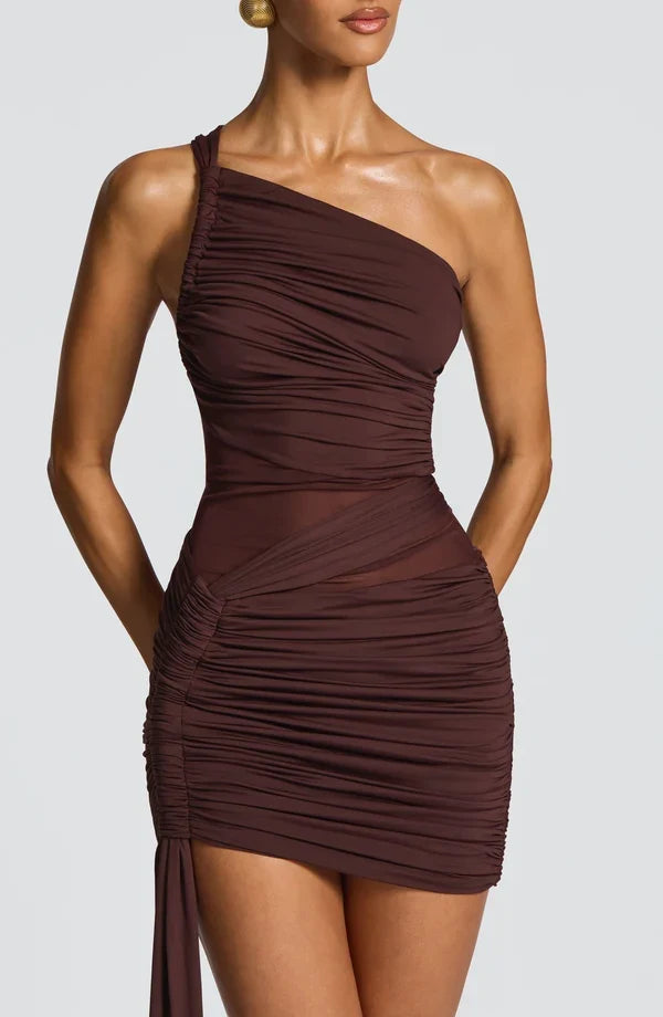 Green ruched bodycon mini dress with one shoulder, mesh waist panel and side drape - view 22