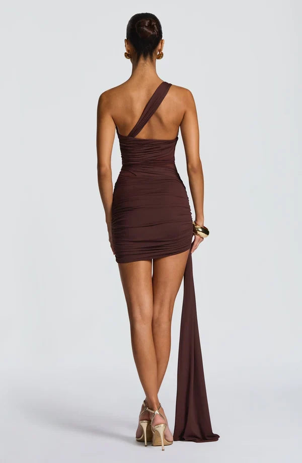 Green ruched bodycon mini dress with one shoulder, mesh waist panel and side drape - view 27
