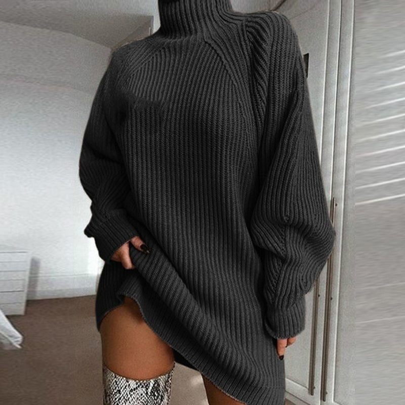 Ribbed turtleneck sweater dress with raglan sleeves in a relaxed mini length - view 11