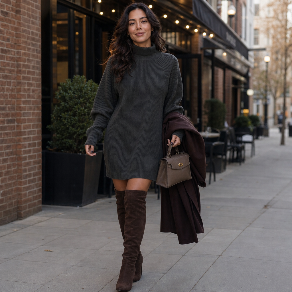 Ribbed turtleneck sweater dress with raglan sleeves in a relaxed mini length - view 4