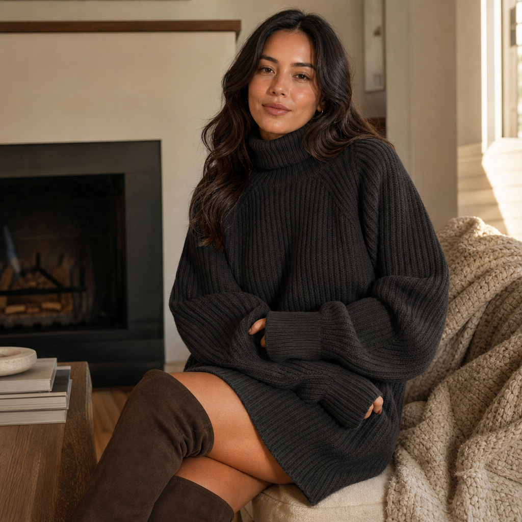Ribbed turtleneck sweater dress with raglan sleeves in a relaxed mini length - view 6