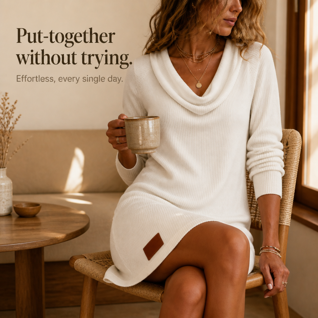 Woman wearing a white ribbed cowl neck long sleeve sweater dress with a small patch at the hem - view 10