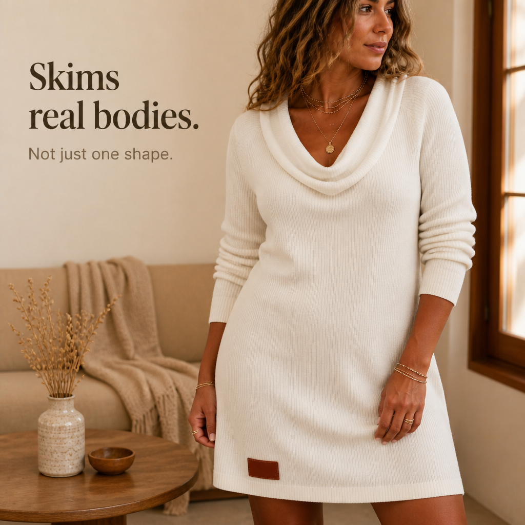 Woman wearing a white ribbed cowl neck long sleeve sweater dress with a small patch at the hem - view 11
