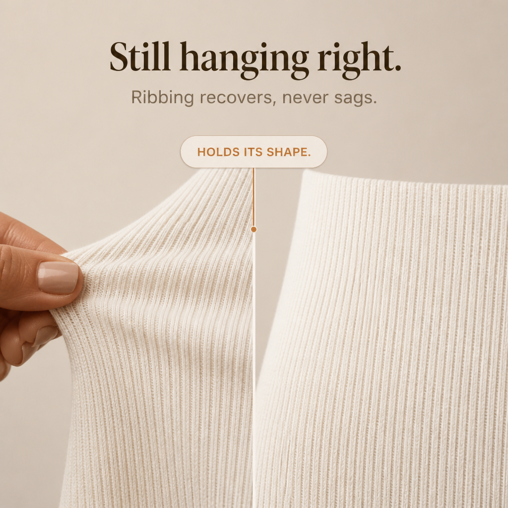Woman wearing a white ribbed cowl neck long sleeve sweater dress with a small patch at the hem - view 7