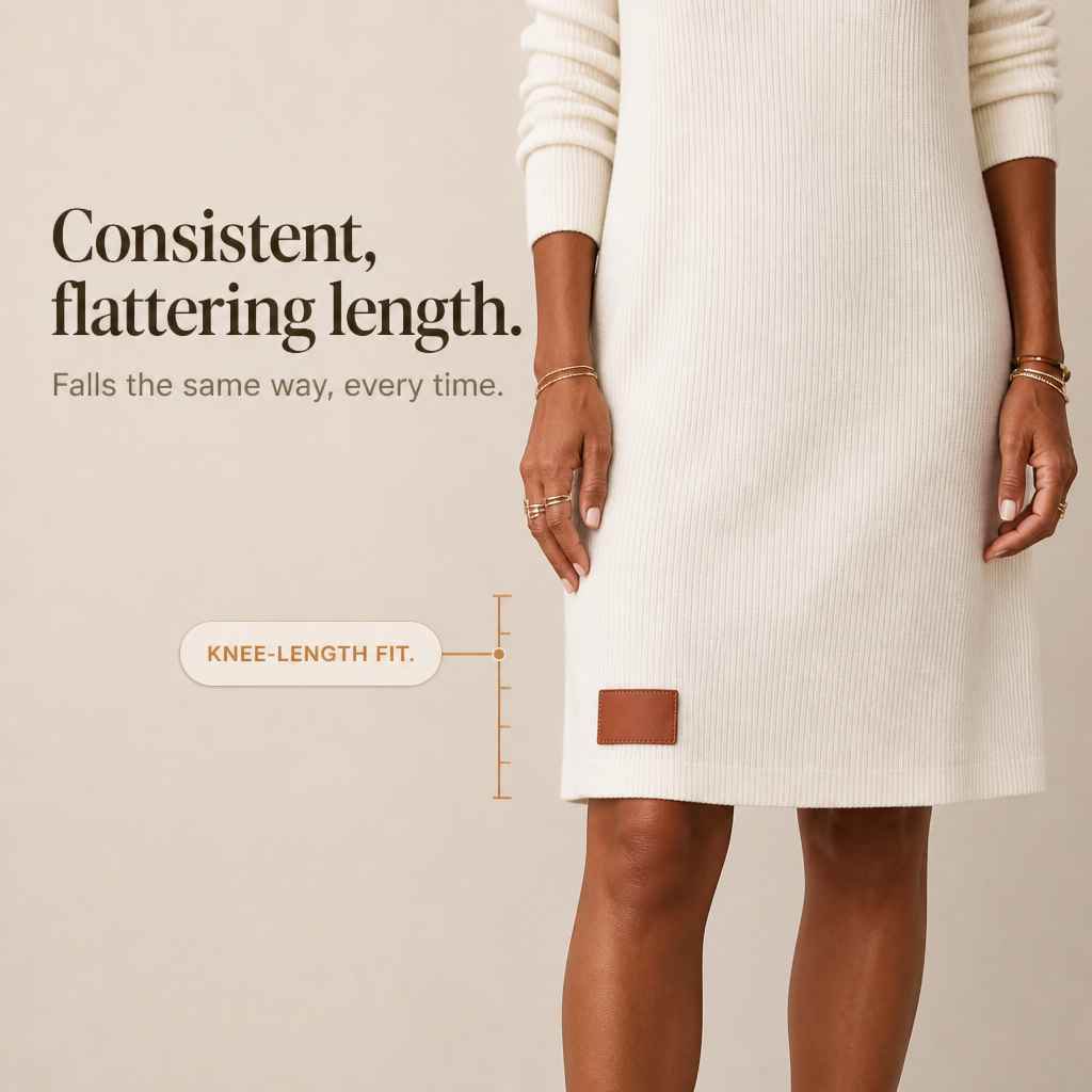 Woman wearing a white ribbed cowl neck long sleeve sweater dress with a small patch at the hem - view 8
