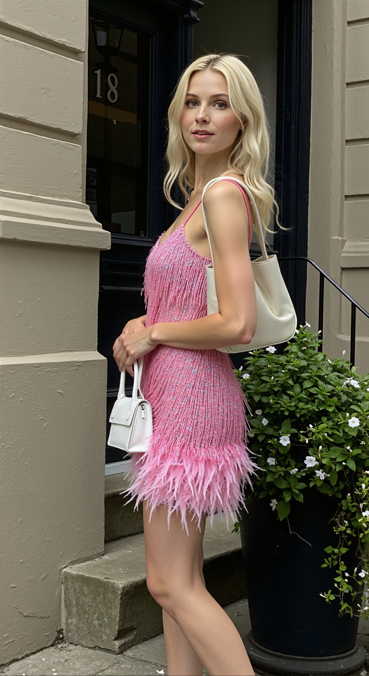 Fringe sequin cocktail mini dress with V-neckline and feathery trim