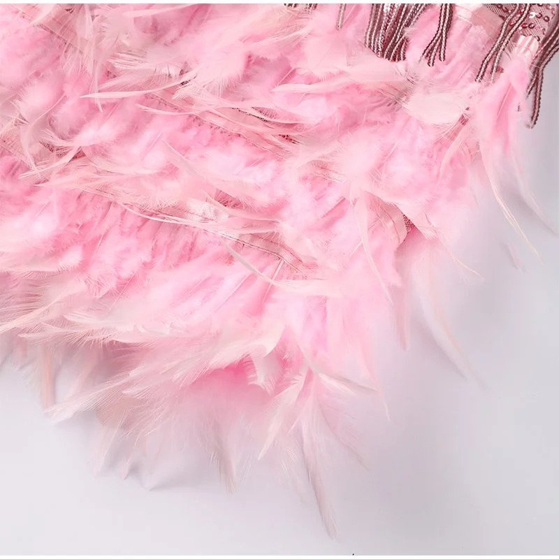 Fringe sequin cocktail mini dress with V-neckline and feathery trim - view 10