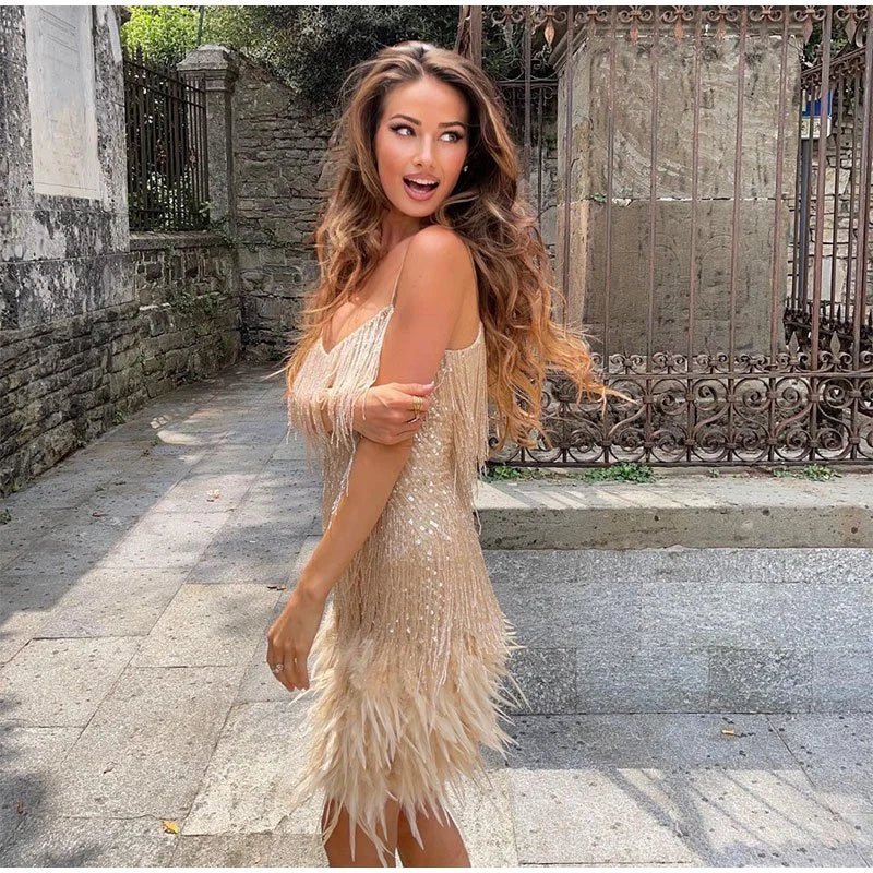 Fringe sequin cocktail mini dress with V-neckline and feathery trim - view 15