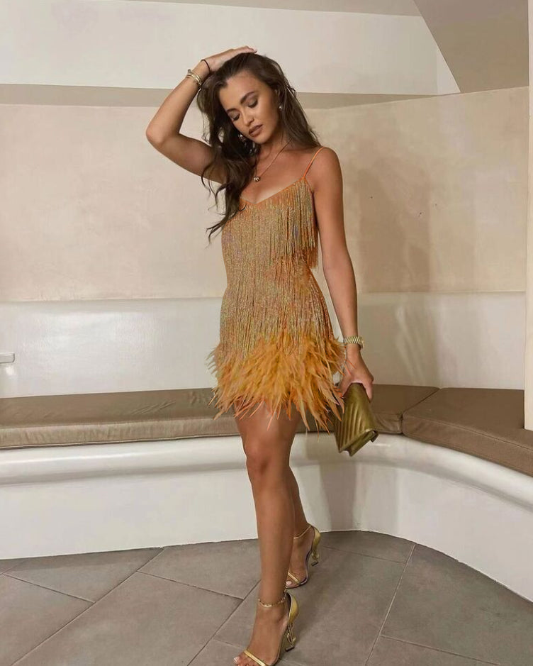 Fringe sequin cocktail mini dress with V-neckline and feathery trim - view 7