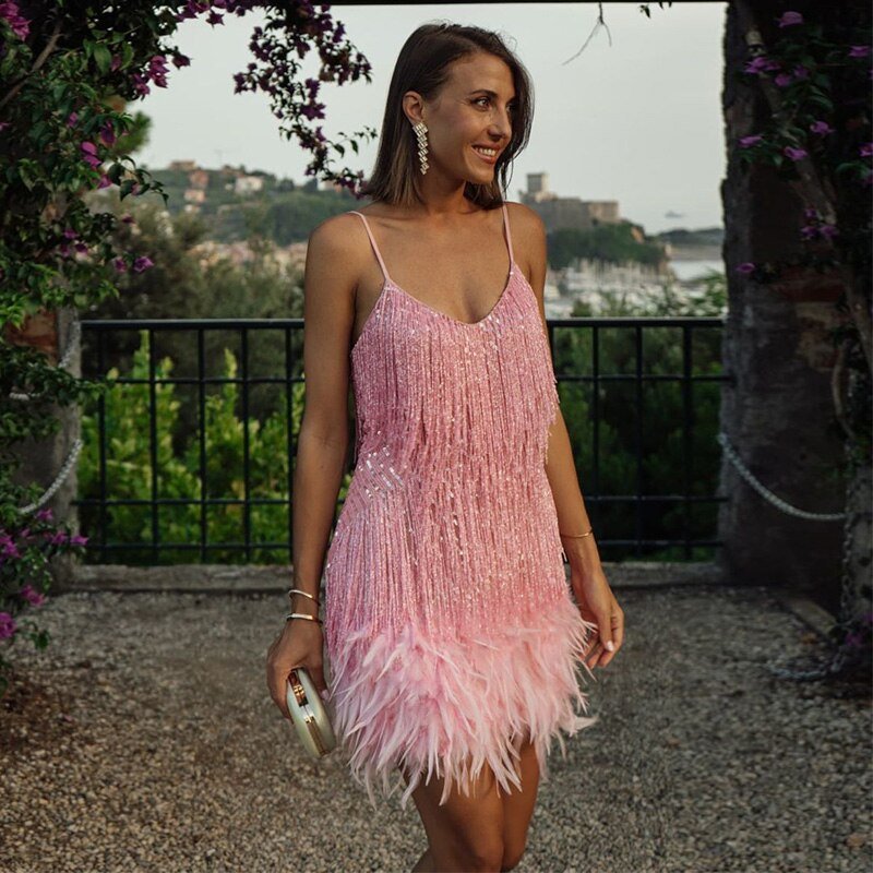 Fringe sequin cocktail mini dress with V-neckline and feathery trim - view 9
