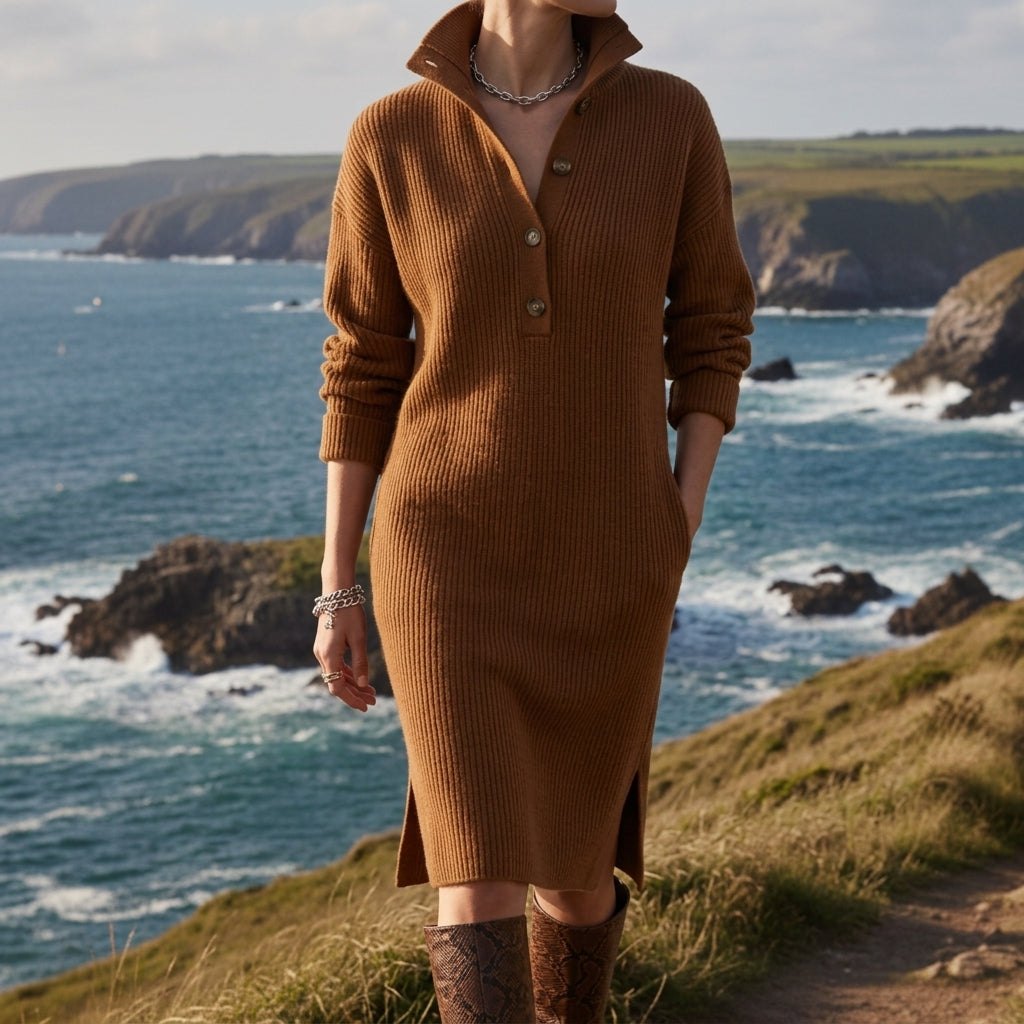 Ribbed knit long sleeve sweater dress with button collar and side slits