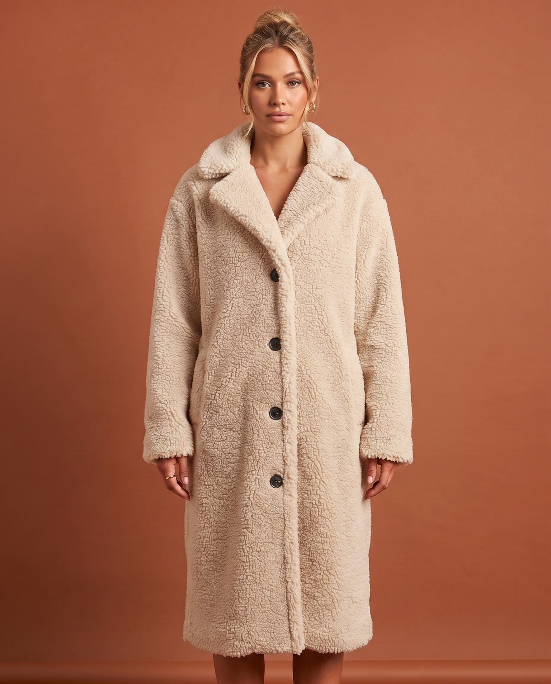 Wanda | Longline Button Front Teddy Coat - front view