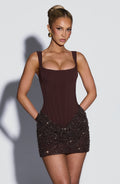 Brown corset mini dress with sequin ruched skirt and lace-up back