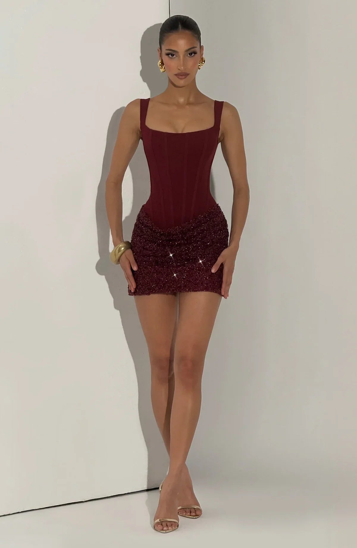 Brown corset mini dress with sequin ruched skirt and lace-up back - view 18