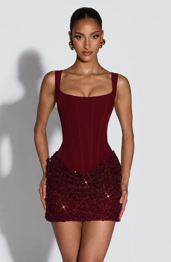 Brown corset mini dress with sequin ruched skirt and lace-up back - view 20