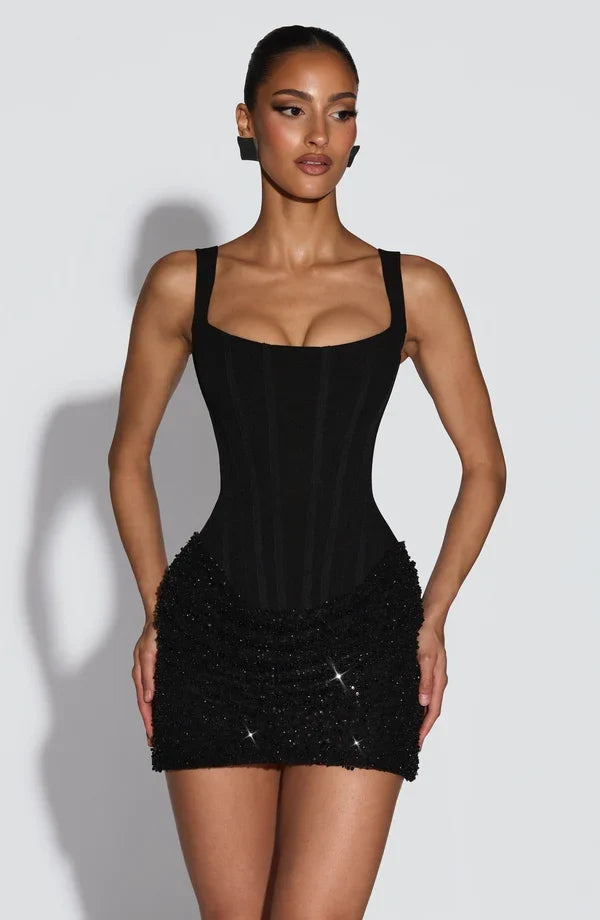 Brown corset mini dress with sequin ruched skirt and lace-up back - view 9