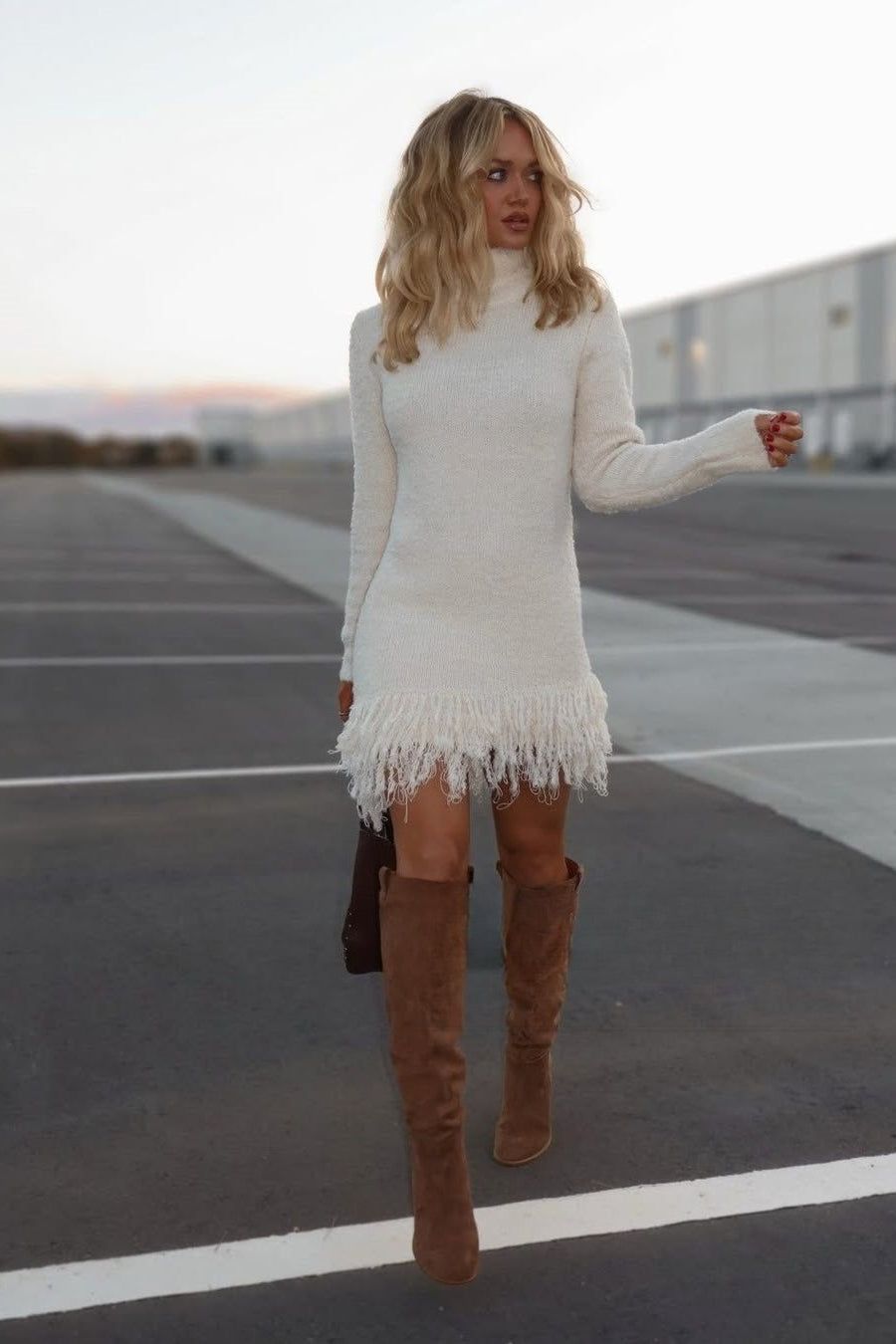 Fuzzy knit turtleneck sweater dress with fringe hem and long sleeves - view 2