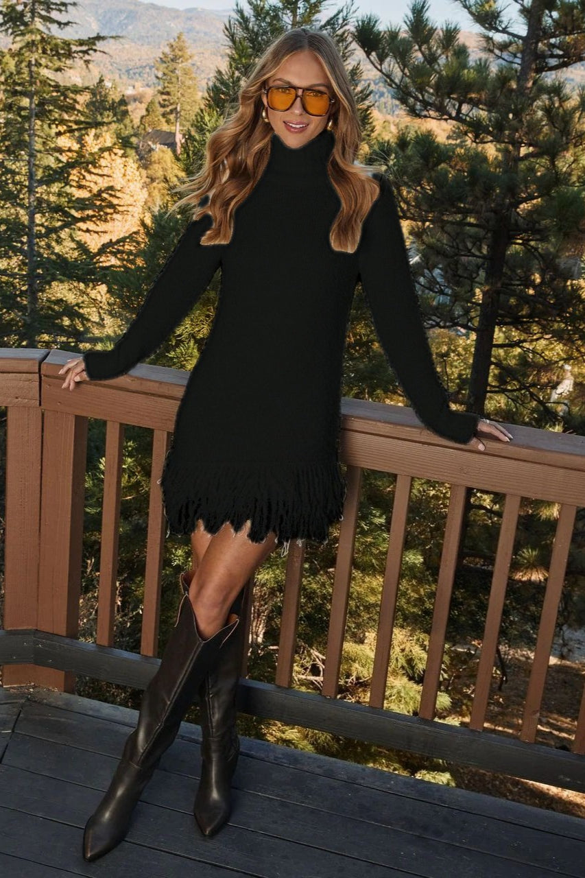 Fuzzy knit turtleneck sweater dress with fringe hem and long sleeves - view 5