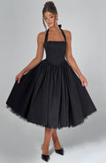 Square neck halter formal midi dress with seamed bodice and dropped V waist - view 10