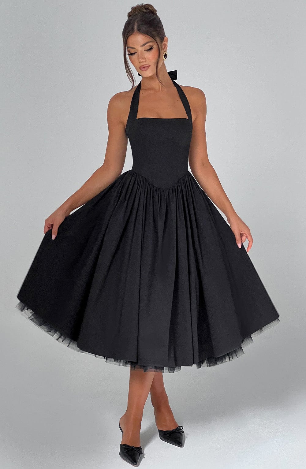 Square neck halter formal midi dress with seamed bodice and dropped V waist - view 10