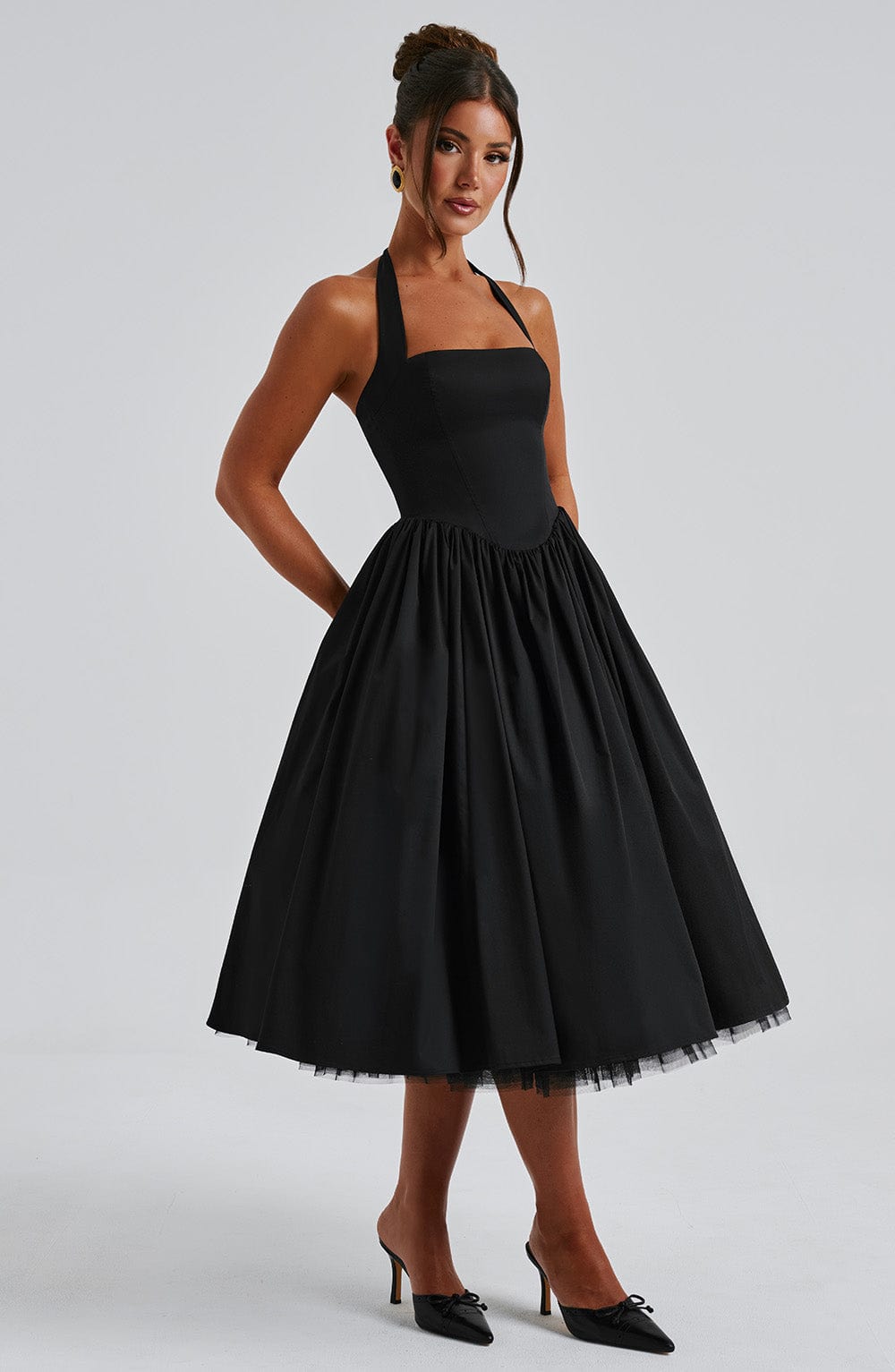Square neck halter formal midi dress with seamed bodice and dropped V waist - view 11