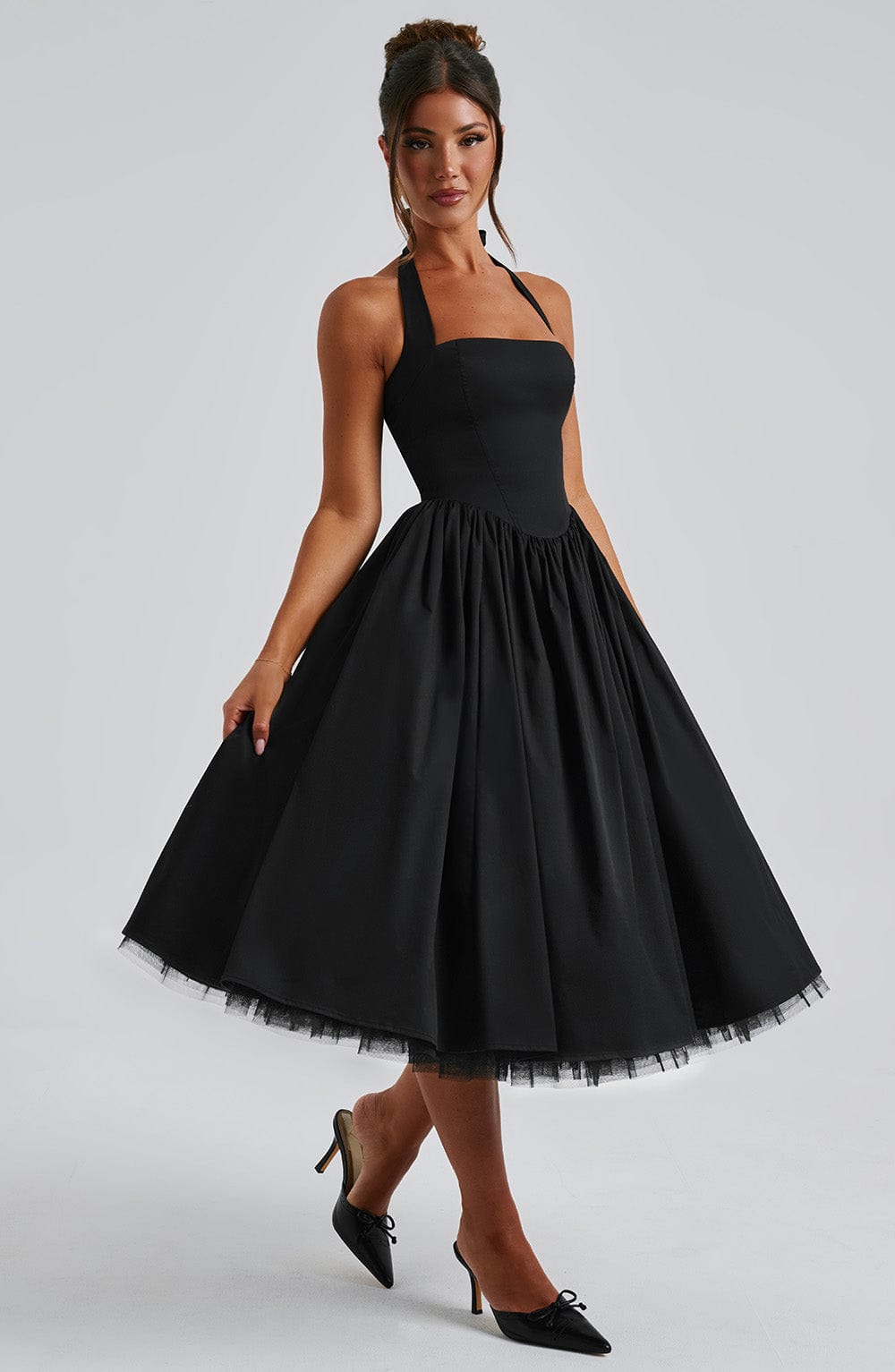 Square neck halter formal midi dress with seamed bodice and dropped V waist - view 12
