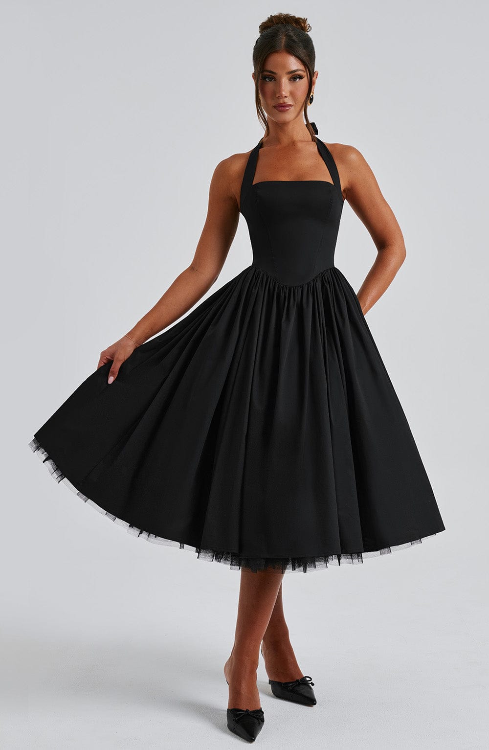 Square neck halter formal midi dress with seamed bodice and dropped V waist - view 13