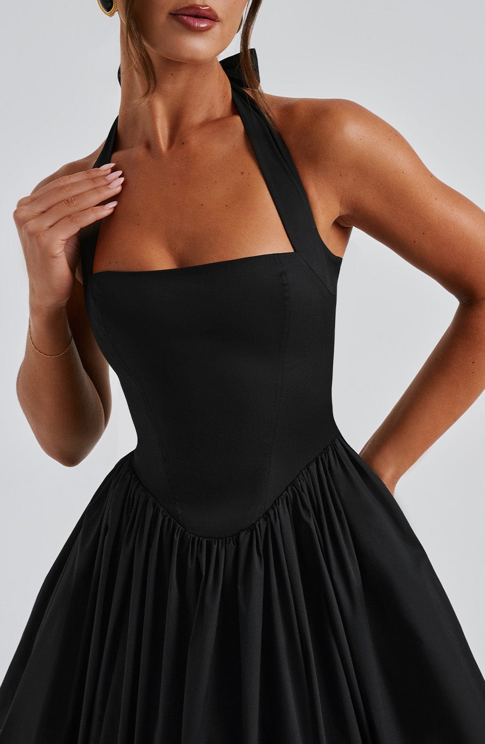 Square neck halter formal midi dress with seamed bodice and dropped V waist - view 14