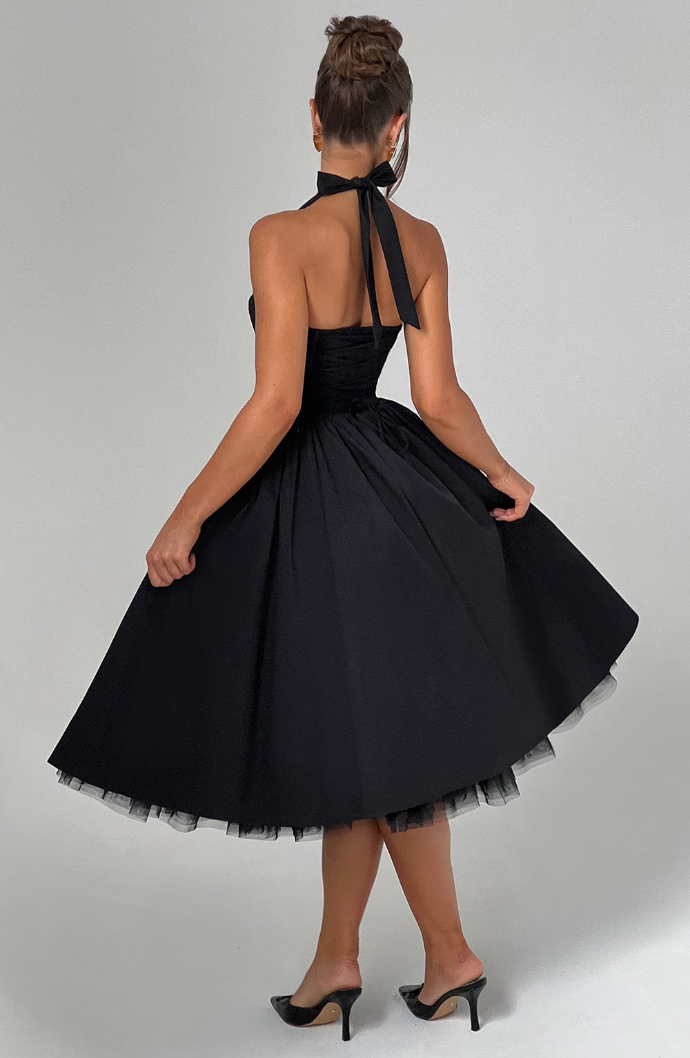 Square neck halter formal midi dress with seamed bodice and dropped V waist - view 15