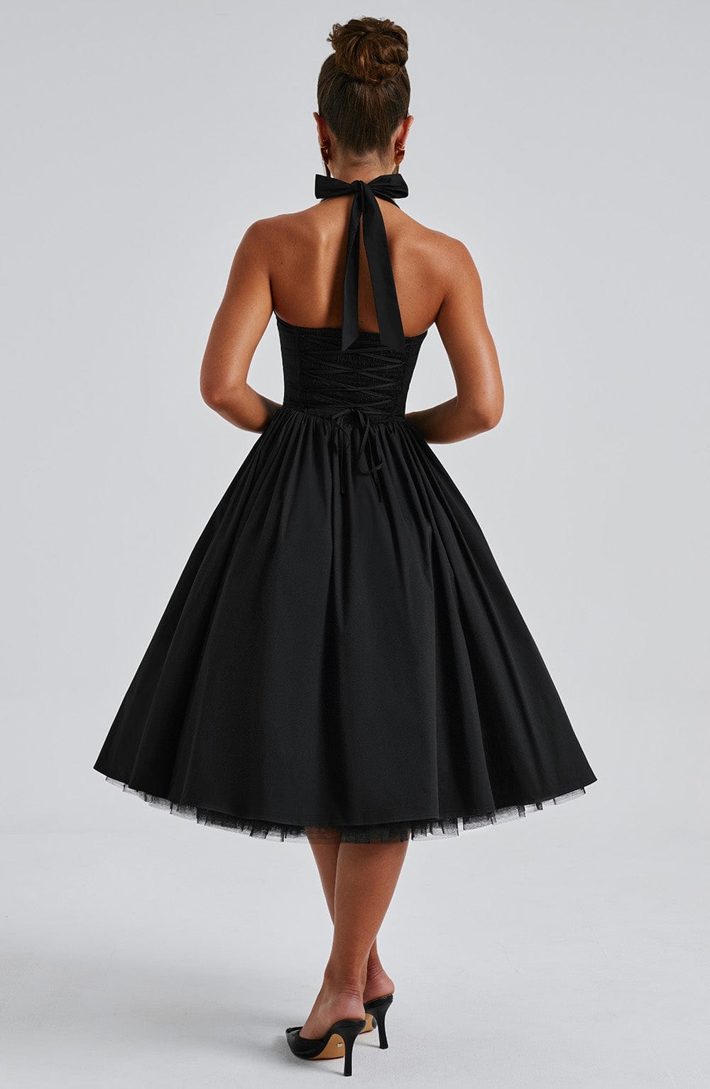 Square neck halter formal midi dress with seamed bodice and dropped V waist - view 16