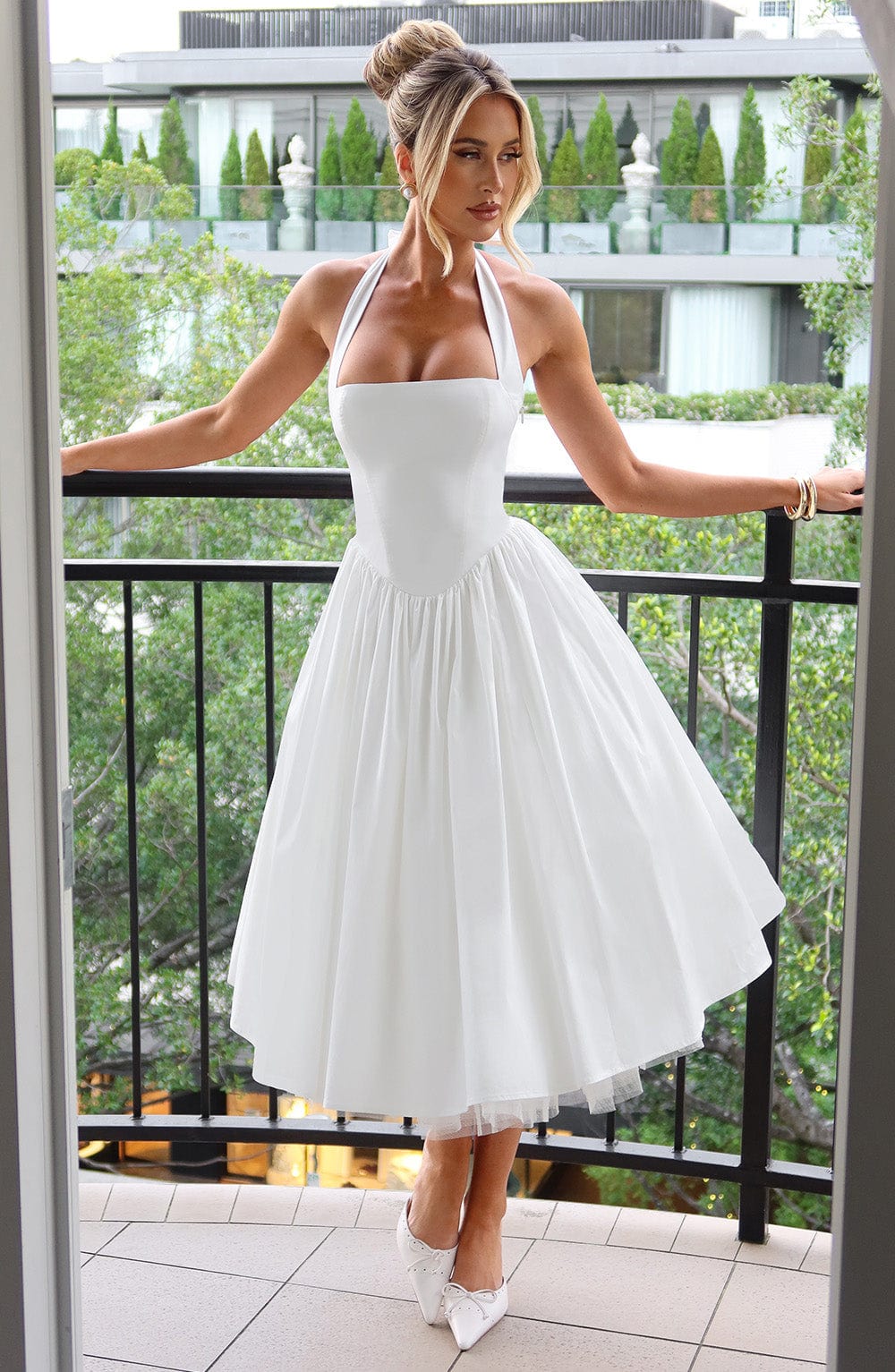 Square neck halter formal midi dress with seamed bodice and dropped V waist - view 2