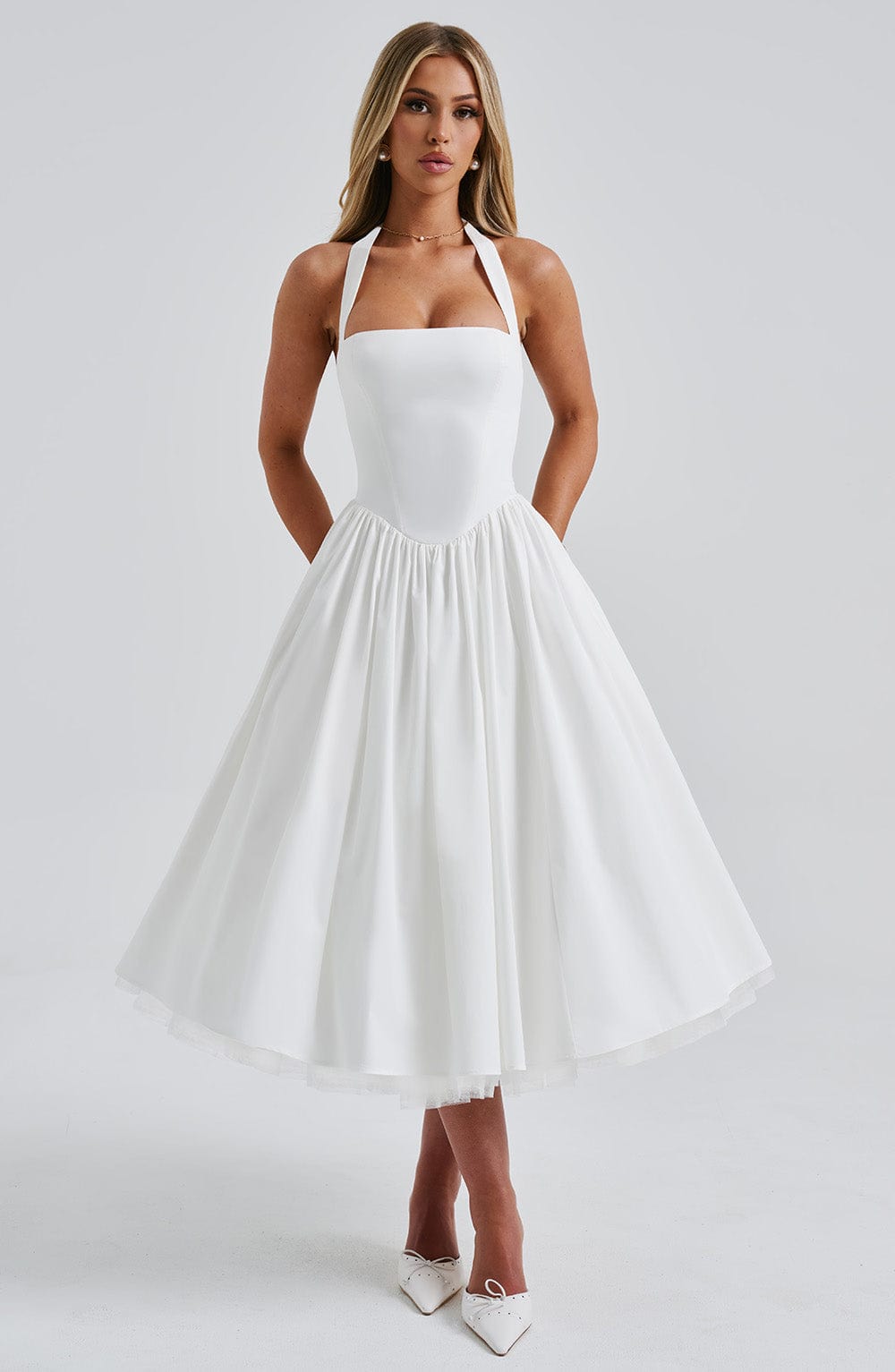 Square neck halter formal midi dress with seamed bodice and dropped V waist - view 5