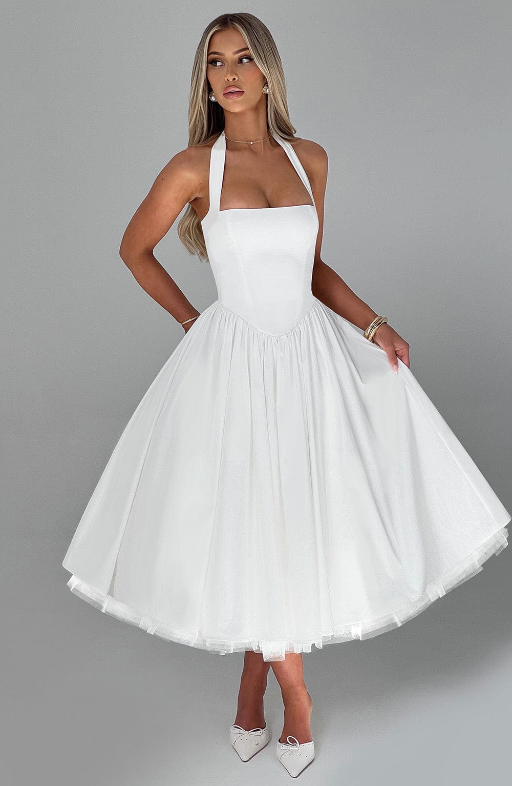 Square neck halter formal midi dress with seamed bodice and dropped V waist - view 7