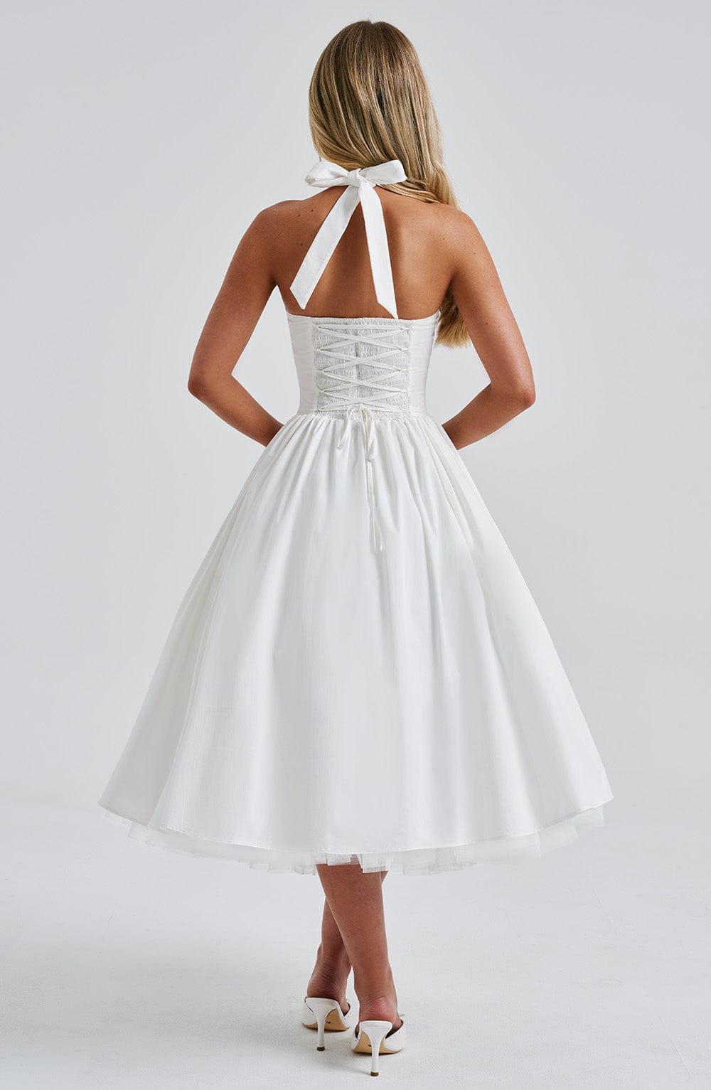 Square neck halter formal midi dress with seamed bodice and dropped V waist - view 8