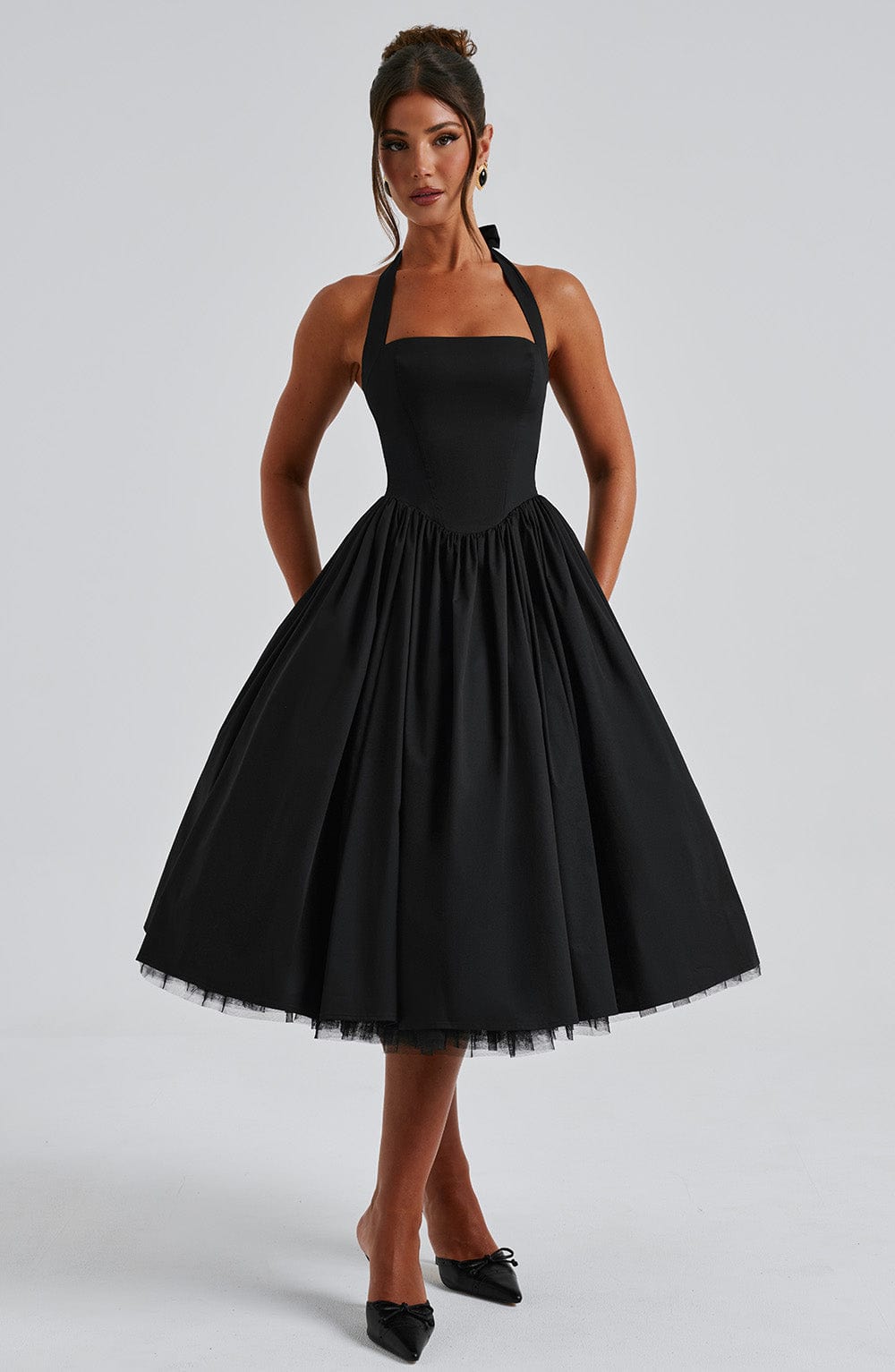 Square neck halter formal midi dress with seamed bodice and dropped V waist - view 9
