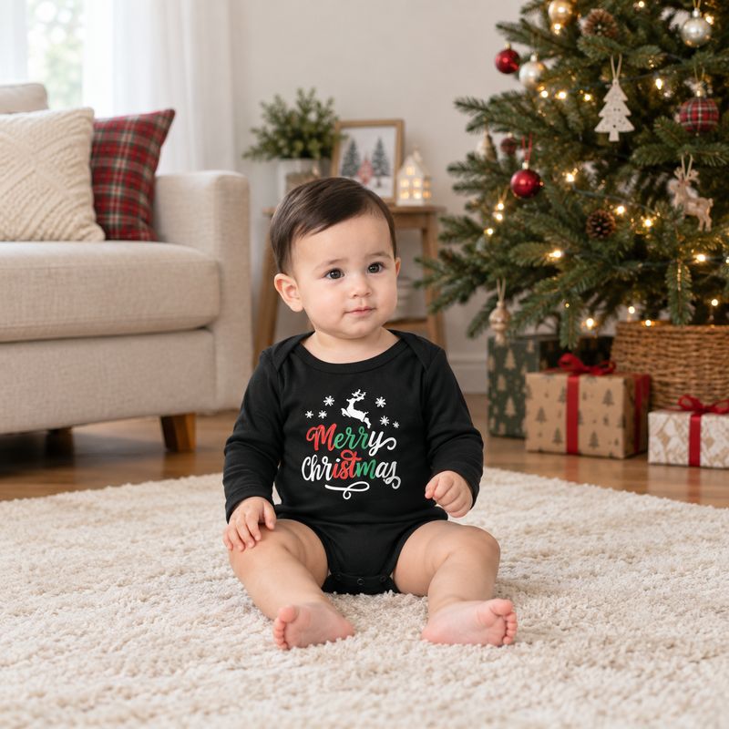 Whole family in black Merry Christmas tees and festive print jogger pajamas beside a Christmas tree - view 5