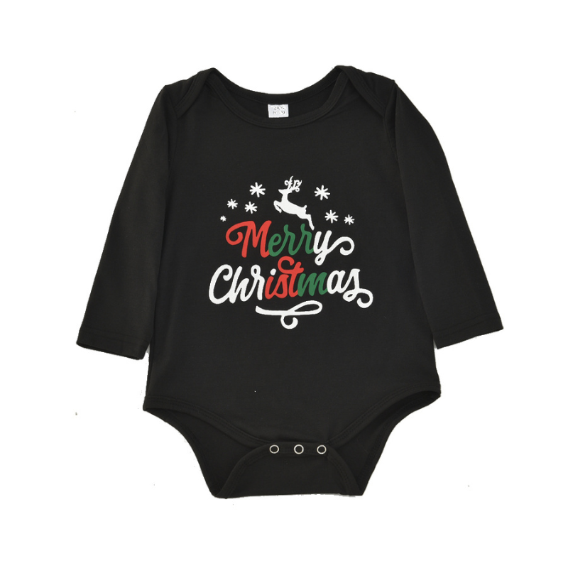Whole family in black Merry Christmas tees and festive print jogger pajamas beside a Christmas tree - view 7