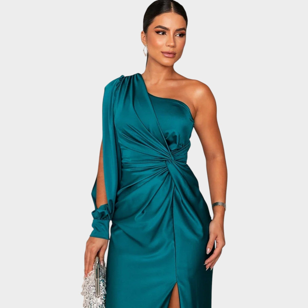 One shoulder satin gala maxi dress with draped long sleeve, twist front and side slit