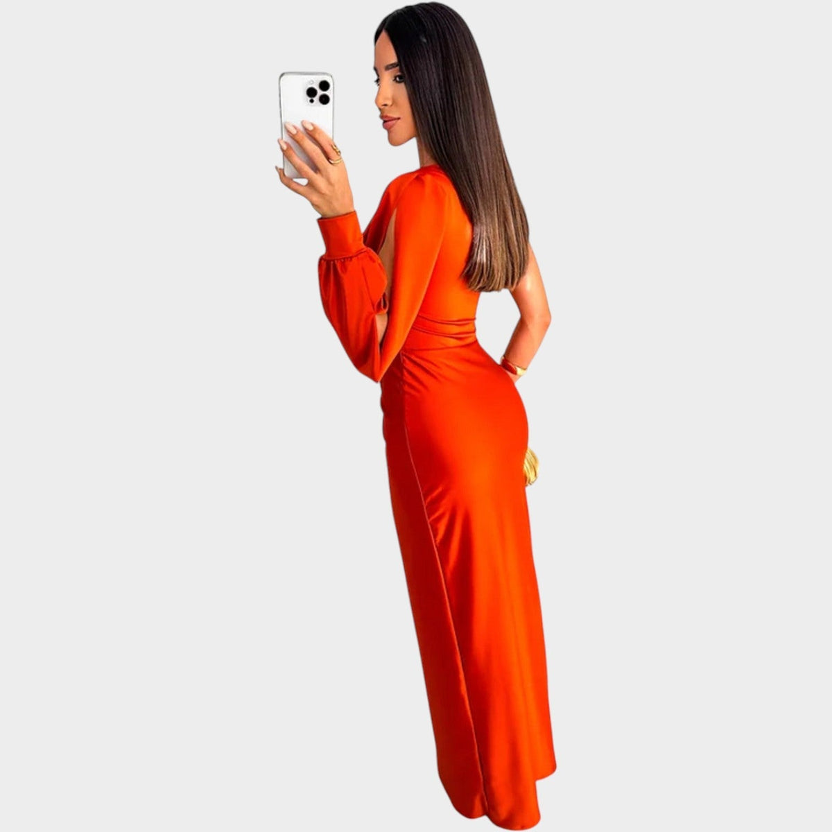 One shoulder satin gala maxi dress with draped long sleeve, twist front and side slit - view 12